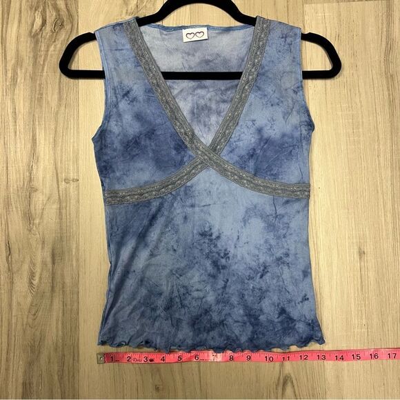 NWOT Vintage y2k stretchy mesh blue space dye top deep v - Picture 5 of 9